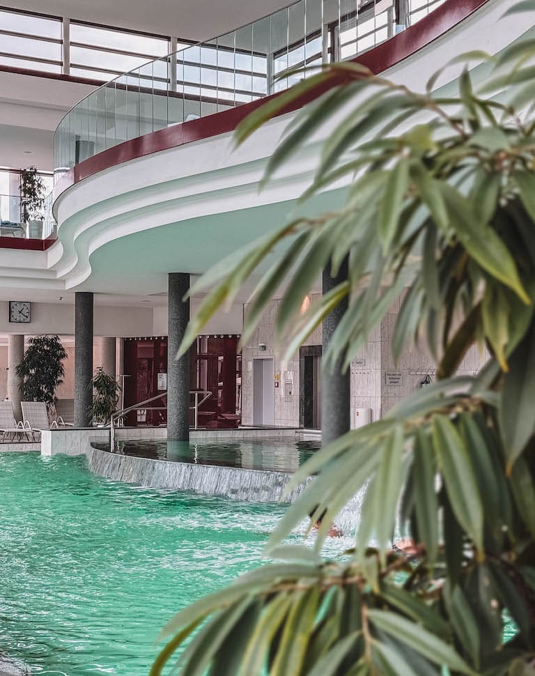 Modernes Spa mit Wasserbecken und Pflanzen im Innenbereich.